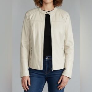 Danier Genuine Leather Moto Jacket | Cream Ivory Cafe Racer | Size M